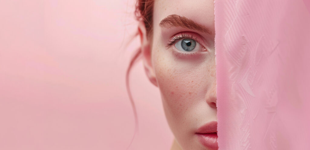 Primo piano del volto di una donna semicoperto da un tessuto rosa, che mette in risalto gli occhi azzurri e la pelle chiara. Adatto a temi di bellezza, moda ed eleganza: Innovation Beauty Lab.