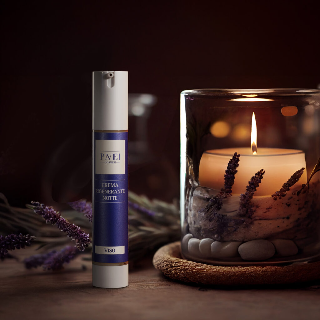 Immagine rilassante con cosmetici PNEI fatti con gli oli essenziali e candela