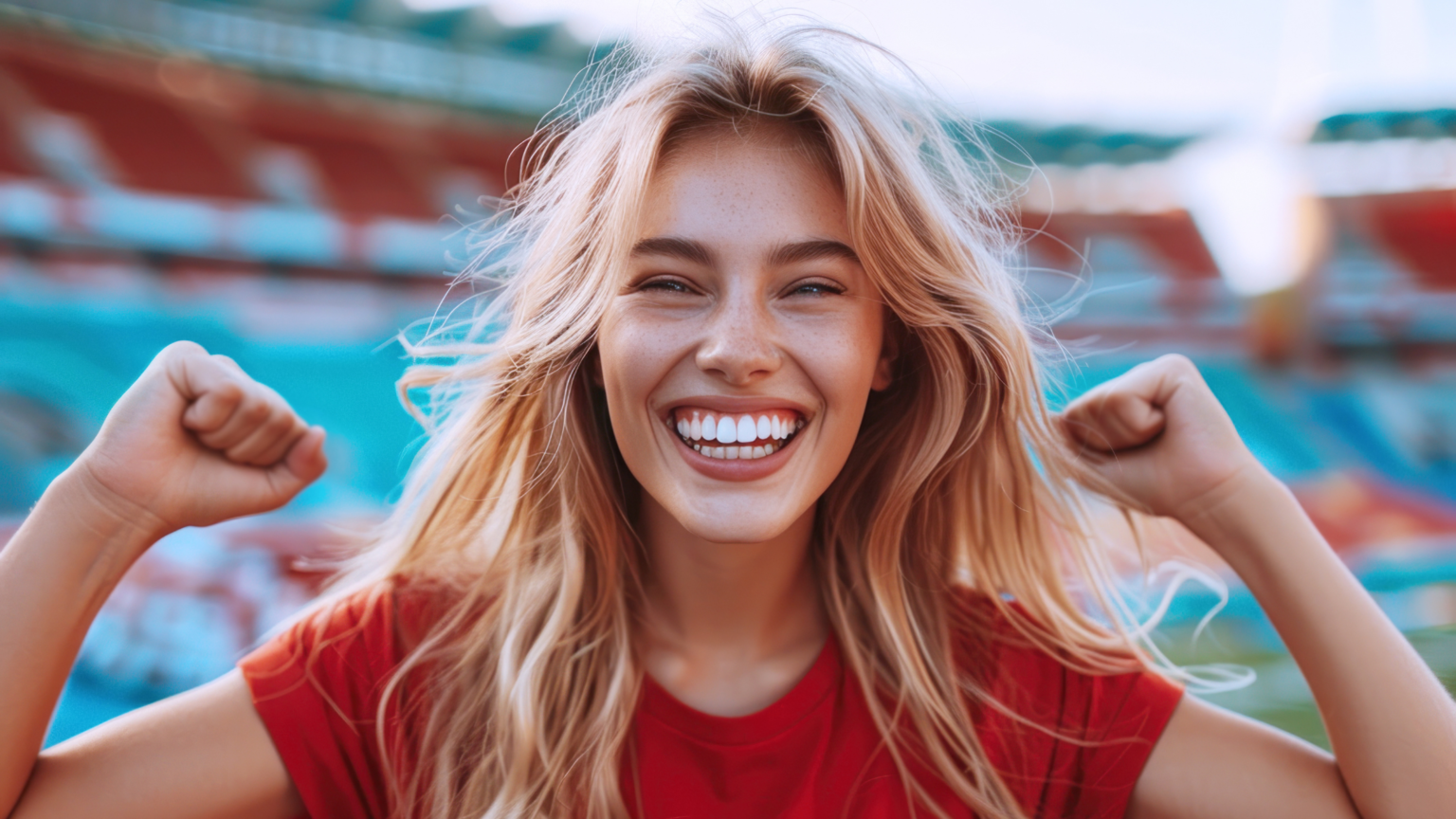 una ragazza bionda con una maglietta rossa che sorride entusiasta: rappresenta una studentessa che partecipa al campionato scuole di estetica professionale, evento che si terrà a innovation beauty lab