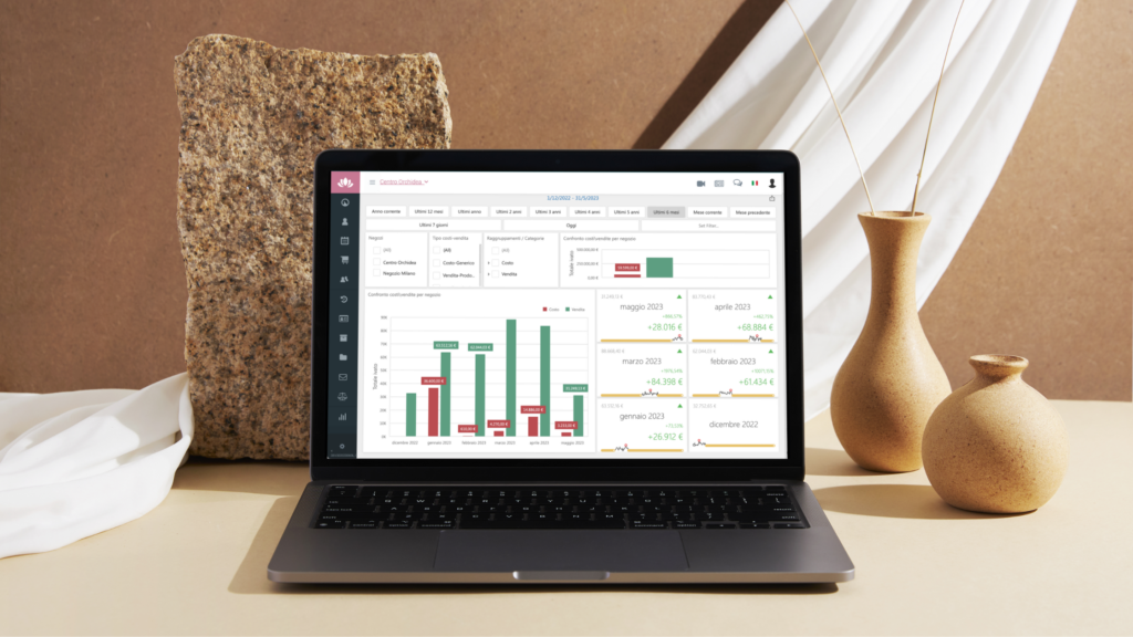 un computer sulla scrivania, sullo schermo del pc c'è l'interfaccia del software beautycheck, che con le sue funzionalità ha l'obiettivo di migliorare le attività svolte dentro un centro estetico.