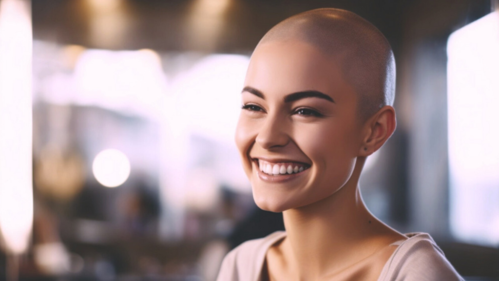 In foto una donna calva, che rappresenta le persone affette da malattia oncologica. L'estetica oncologica può aiutarli a farli stare bene