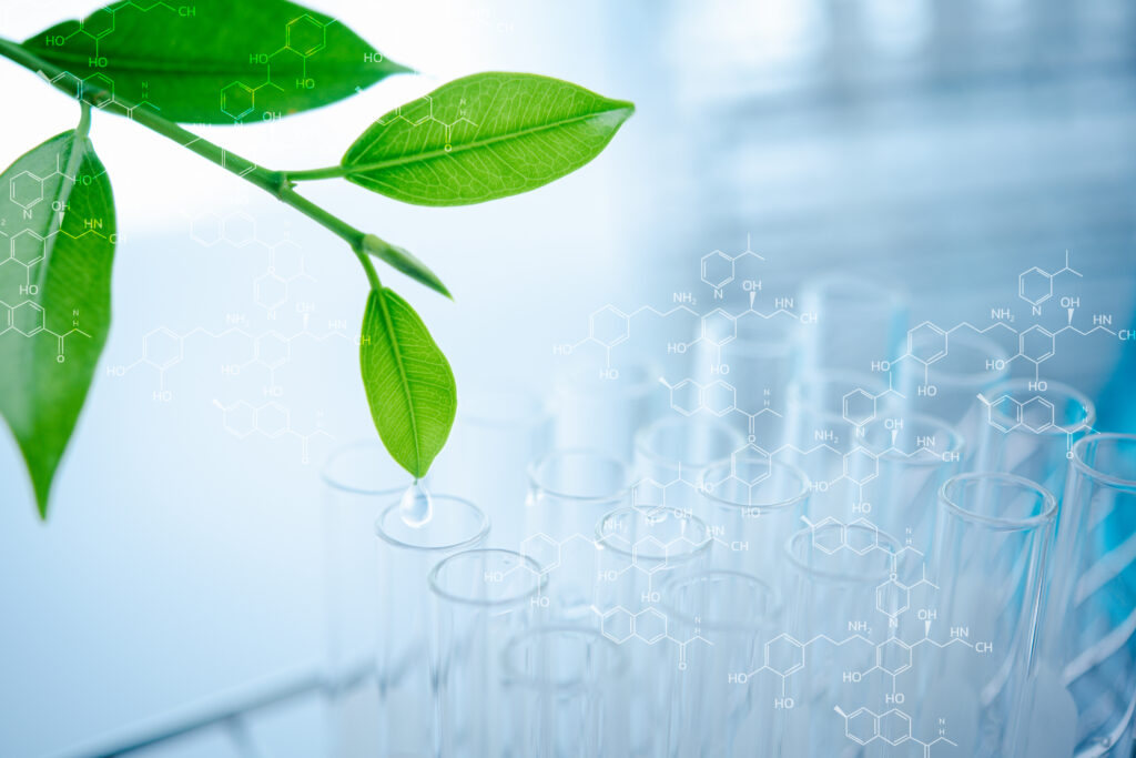 una goccia d'acqua che cade dalla foglia e dal laboratorio per il concetto di ozono