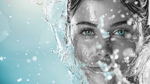 in foto un viso di donna in bianco e nero con dell'acqua che le passa accanto. rappresenta le nuove tecnologie di beautech presentate al cosmoprof 2025