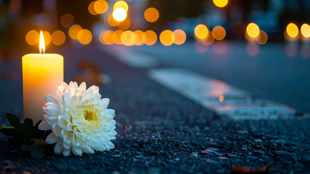 un fiore e una candela sull'asfalto per ricordare la strage crans montana