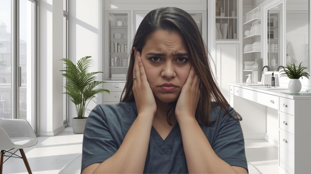 donna estetista in difficoltà stanca nel centro estetico vuoto, espressione preoccupata, momento di solitudine, luce soffusa, fotografia realistica, tono malinconico