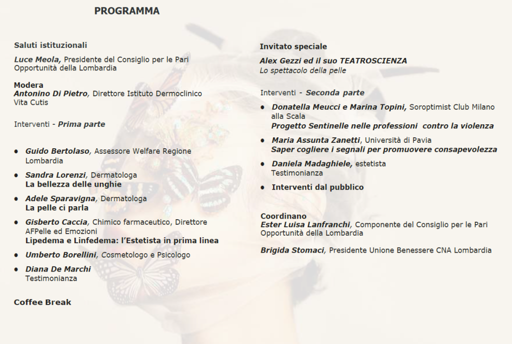 in foto il programma del convegno "la bellezza che fa bene" che ha l'obiettivo di definire il suolo sociale dell'estetista tra le istituzioni.