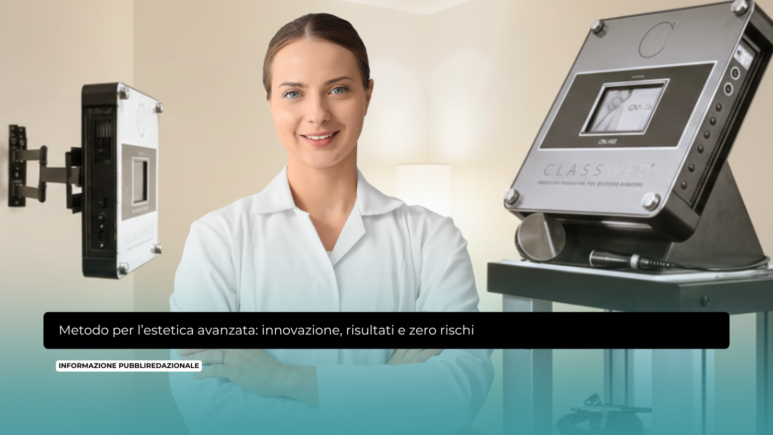 in foto un'estetista con alle spalle il metodo per l'estetica avanzata di classmed informazione pubblicitaria