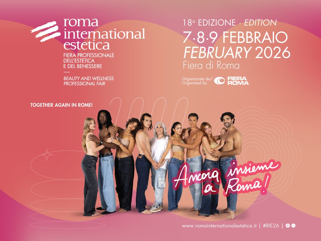 in foto il visual tutto rosa della fiera roma international estetica 2026