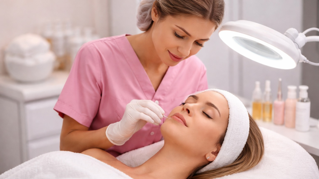 Estetista professionale al lavoro durante un trattamento viso in cabina estetica. Rappresenta il tema dell'articolo riguardanti i corsi GOL in estetica.