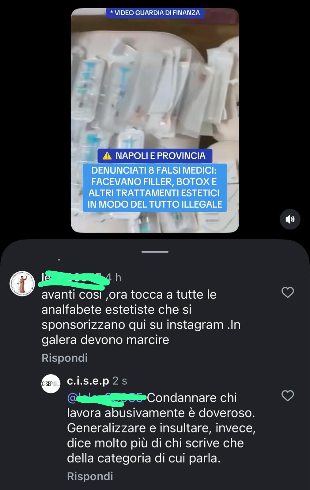in foto uno sreenshot di un reel instagram che parla dei falsi medici a napoli, che raccoglie commentioffensivi sulle estetiste.