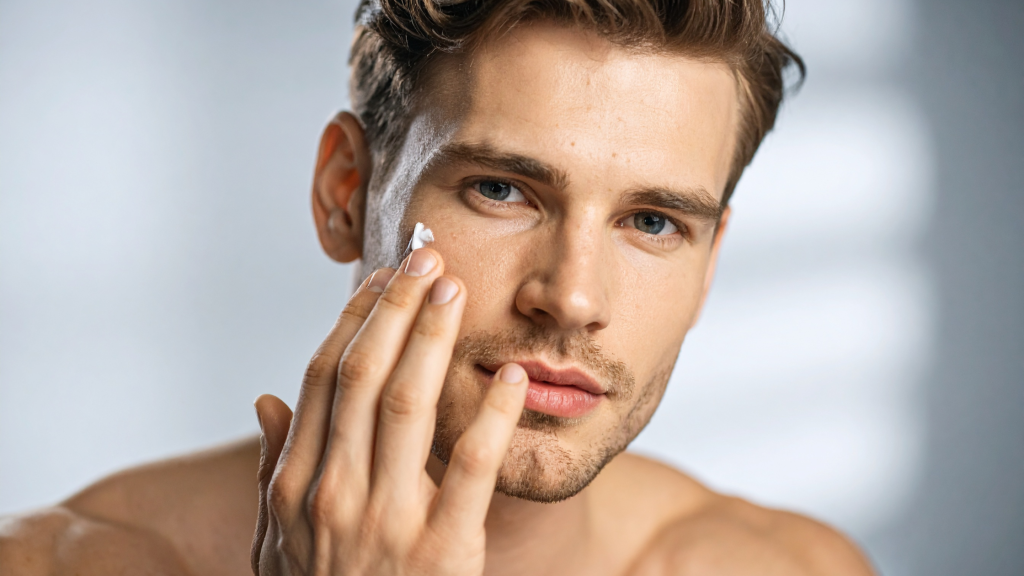 in foto un uomo che si applica della crema. Rappresenta il tema del'articolo idee regalo skincare uomo