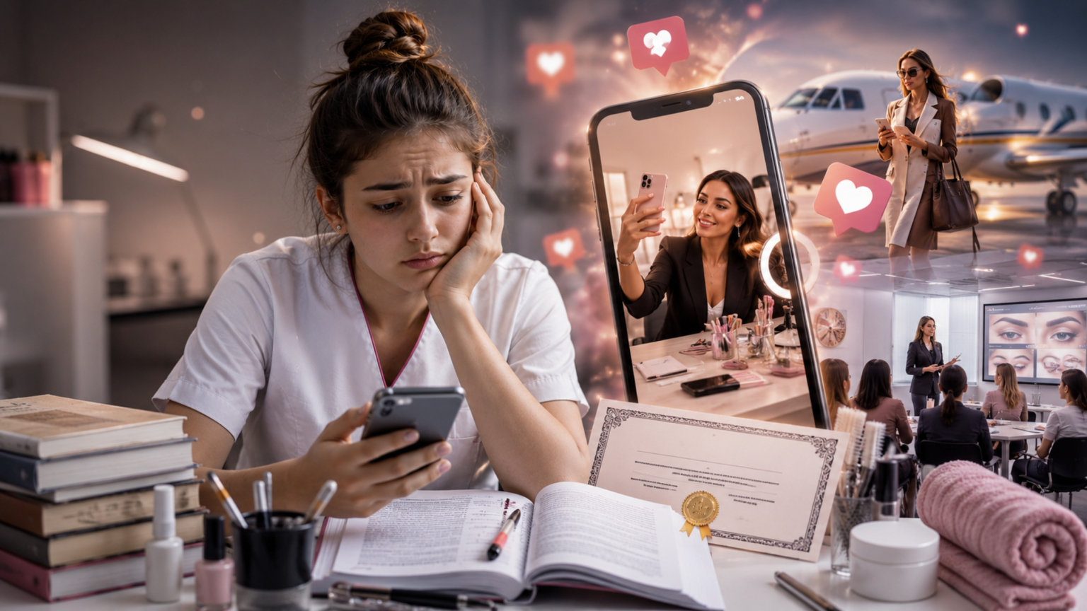Beauty e pubblicità ingannevoli: Studentessa di estetica professionale osserva pubblicità beauty sui social tra attestati, corsi e promesse di successo rapido.