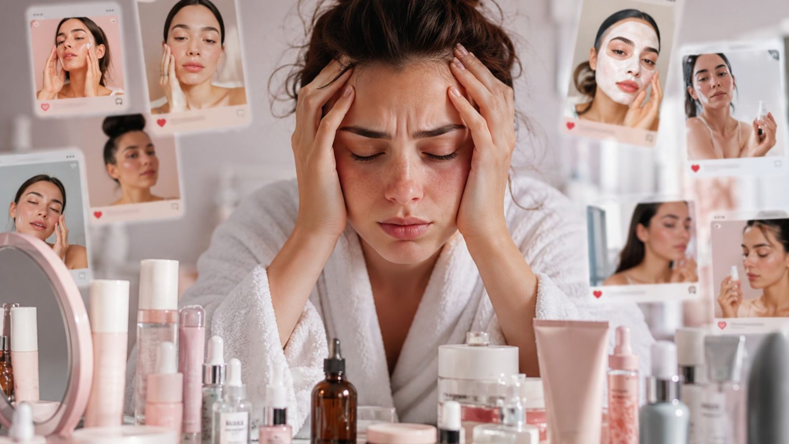 Donna con skincare eccessiva e pelle stressata davanti a prodotti beauty e contenuti social, concetto di beauty burnout e skincare overload.