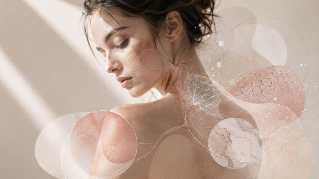 Donna osserva la propria pelle allo specchio con espressione pensierosa, concetto di psychodermatology e connessione tra pelle, stress e salute mentale.