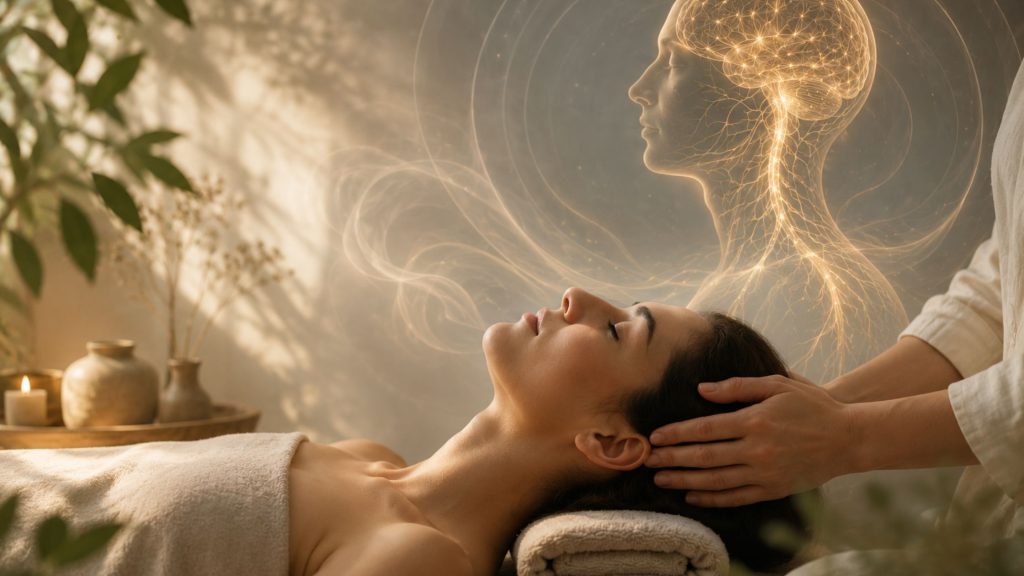 Rituale psicoestetico durante un trattamento di benessere integrato: una persona rilassata riceve un massaggio alla testa in un ambiente naturale e armonioso, mentre una rappresentazione simbolica del sistema nervoso evoca la connessione tra corpo, emozioni e regolazione interna.