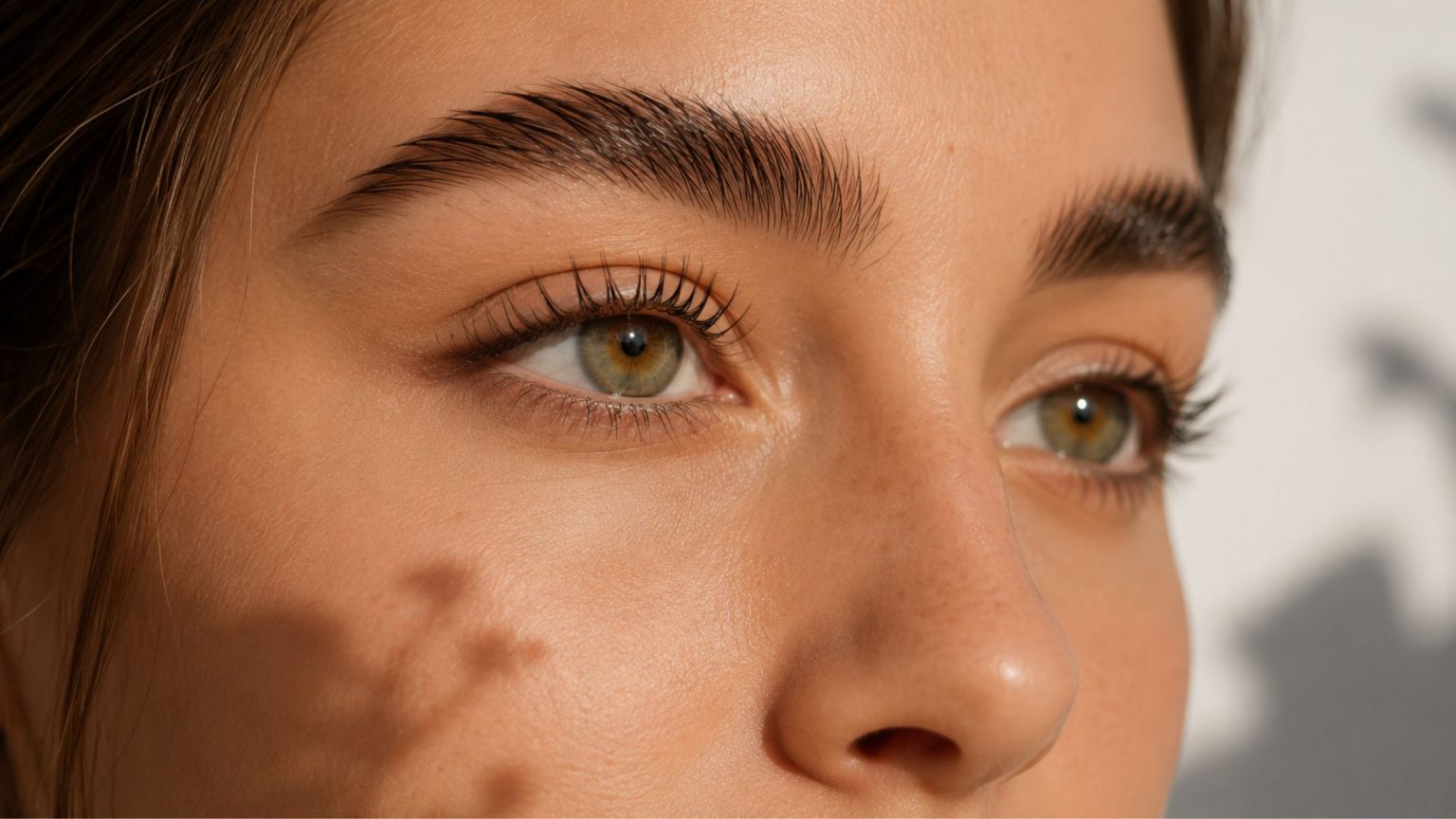 Primo piano di una donna con sopracciglia perfettamente definite e ciglia naturalmente incurvate. La pelle appare luminosa e uniforme, mentre la luce calda valorizza lo sguardo, protagonista dell'immagine. Atmosfera naturale ed elegante che richiama i trattamenti professionali di laminazione e benessere dello sguardo.
