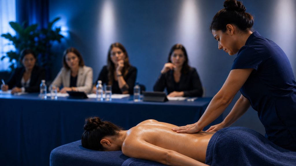in foto una estetista professionista che si esibisce al campionato italiano del massaggio