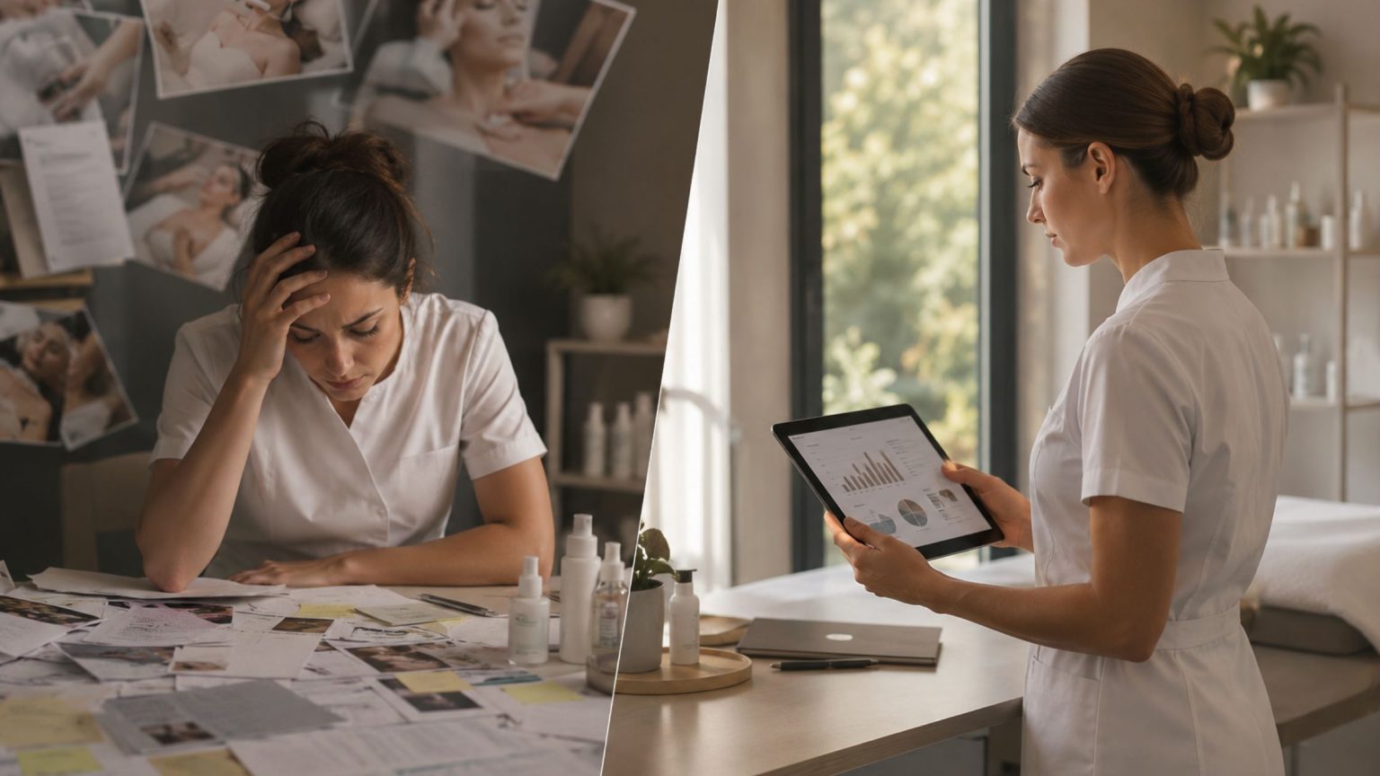 Crescita centro estetico: confronto tra una professionista dell'estetica sommersa da attività operative e decisioni improvvisate e una manager che analizza dati e strategie per sviluppare un centro estetico in modo organizzato, sostenibile e profittevole.