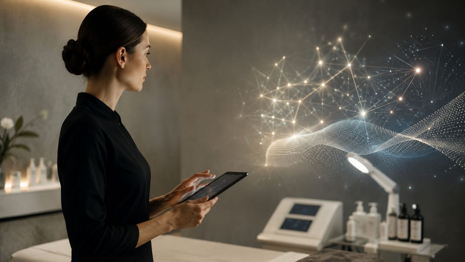 EsthetiProgram, ecosistema editoriale e formativo per l’estetica professionale: professionista del beauty in un centro estetico moderno utilizza un tablet mentre una rete digitale rappresenta innovazione, aggiornamento continuo e crescita professionale nel settore beauty.