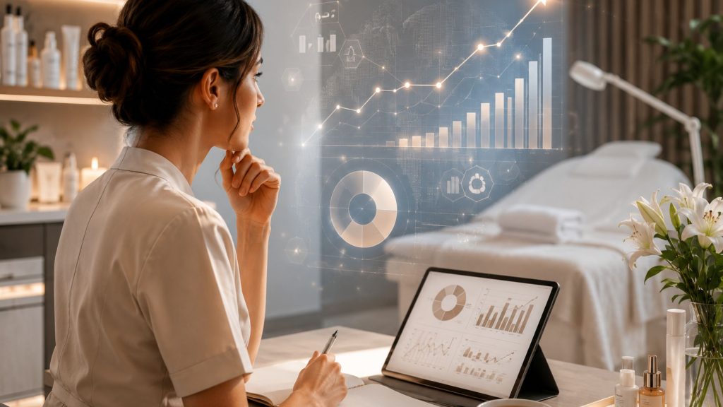 Gestione di un centro estetico attraverso l'analisi dei dati: professionista beauty valuta performance, trend e strategie di crescita.