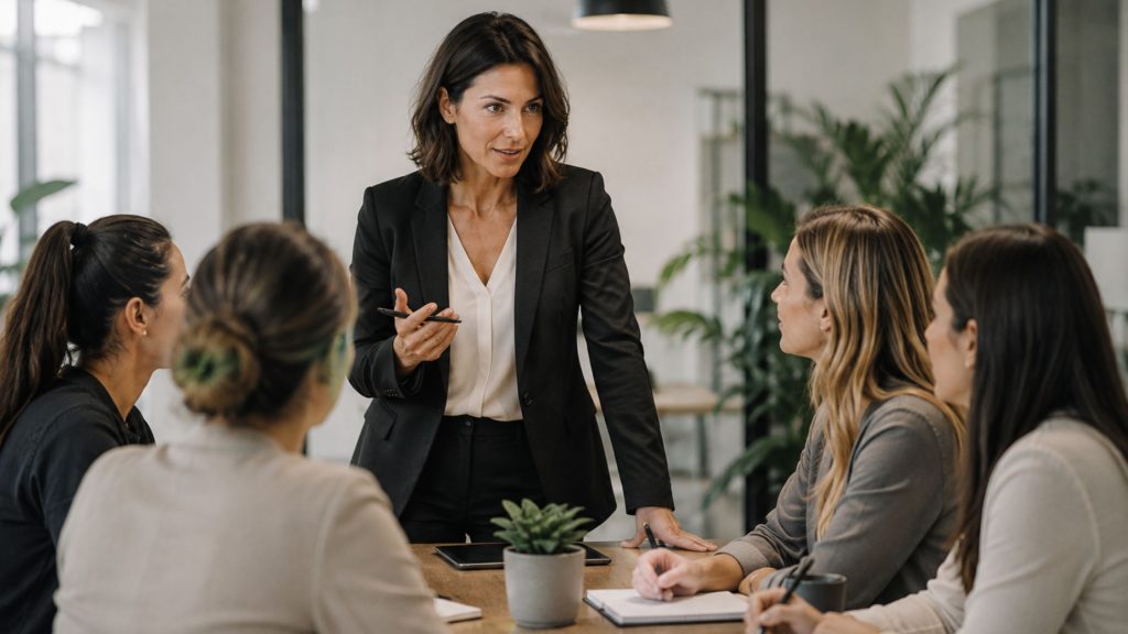 Manager riunisce il proprio gruppo di lavoro durante un meeting operativo, rappresentando il processo di guidare un team attraverso comunicazione, leadership e collaborazione verso obiettivi comuni.