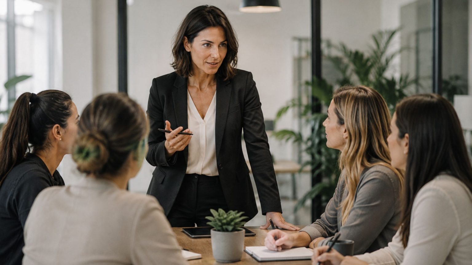 Manager riunisce il proprio gruppo di lavoro durante un meeting operativo, rappresentando il processo di guidare un team attraverso comunicazione, leadership e collaborazione verso obiettivi comuni.
