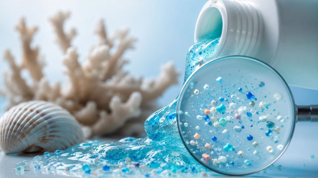 rimo piano concettuale di un cosmetico in gel che contiene microplastiche, con particelle colorate visibili attraverso una lente d’ingrandimento. Sullo sfondo elementi che richiamano l’ambiente marino, a simboleggiare l’impatto delle microplastiche provenienti dai prodotti cosmetici sugli ecosistemi acquatici.