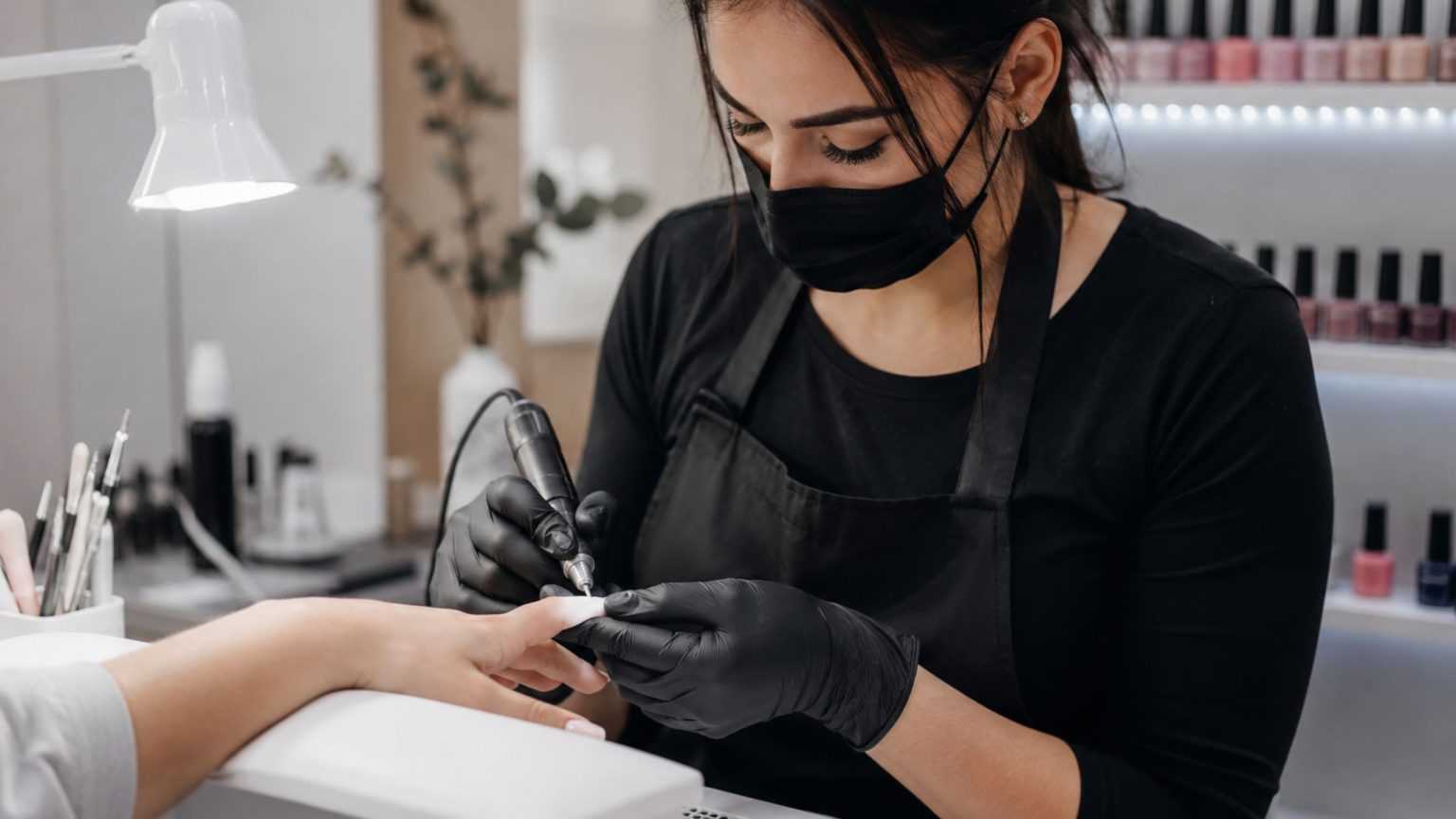 Onicotecnica al lavoro in un moderno centro estetico mentre esegue una ricostruzione unghie su una cliente, utilizzando strumenti professionali per la manicure in un ambiente luminoso e curato.