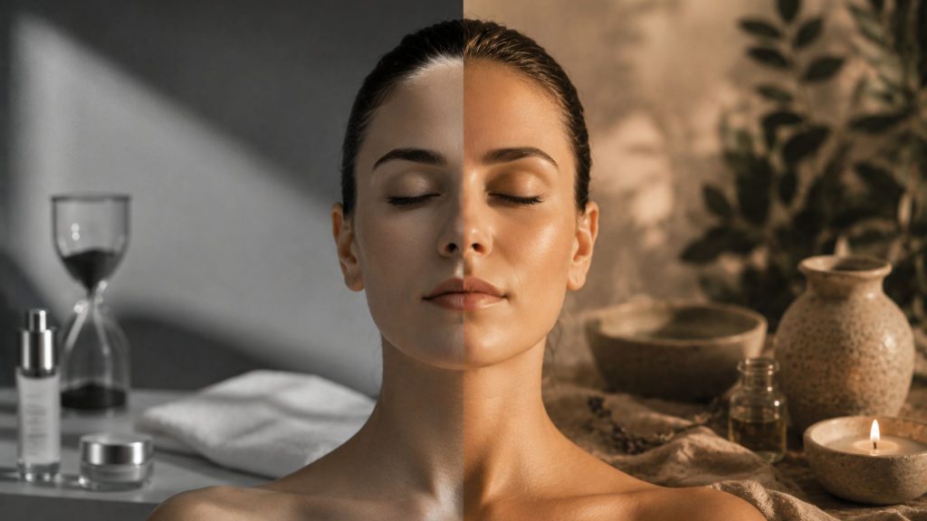 Trattamenti rapidi e rituali di bellezza a confronto: immagine concettuale che rappresenta i diversi approcci dell'estetica professionale tra risultati immediati, benessere e cura della pelle.