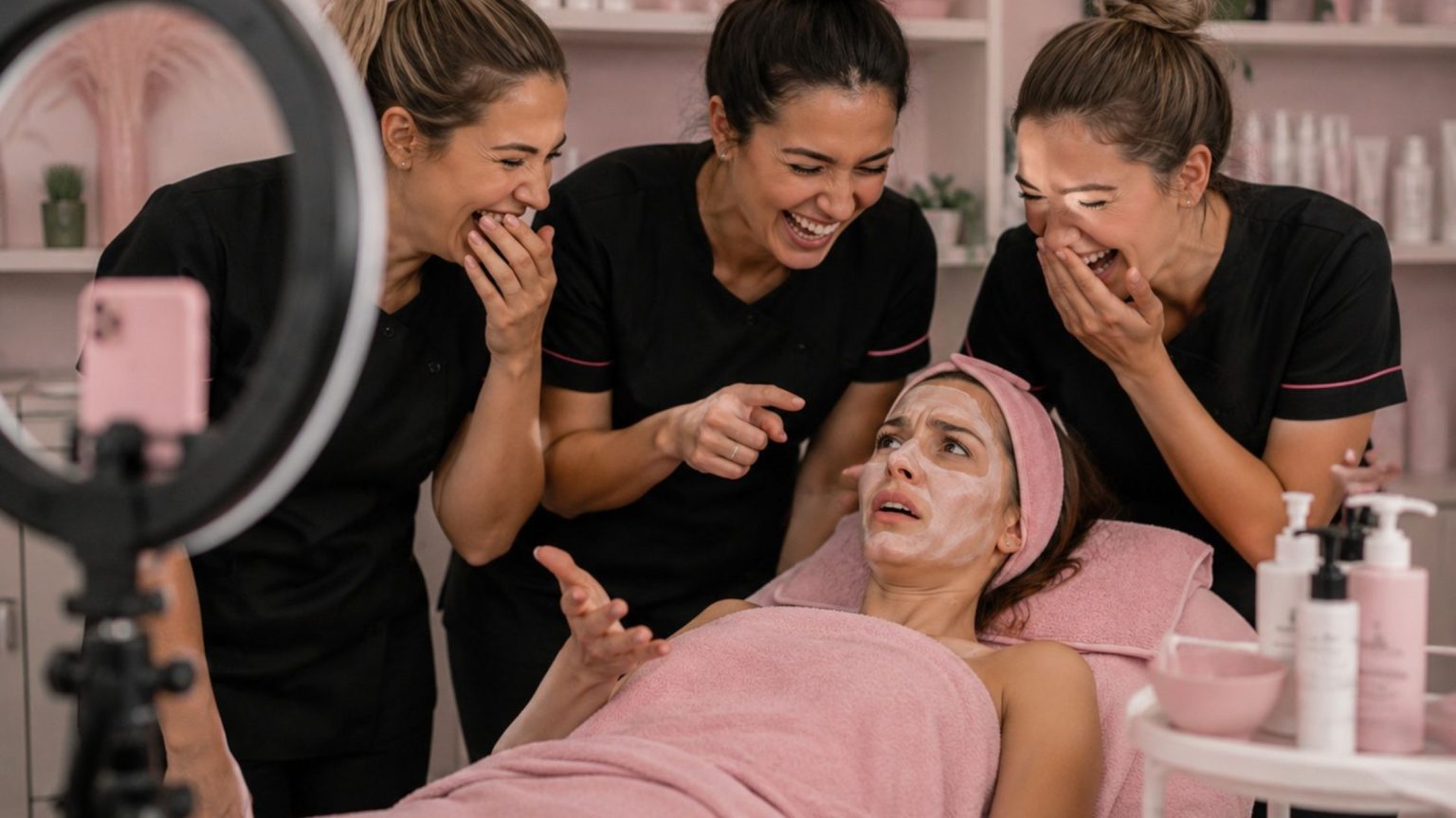 Ridicolizzare le clienti sui social: estetiste che registrano un reel prendendo in giro una cliente durante un trattamento in un centro estetico.