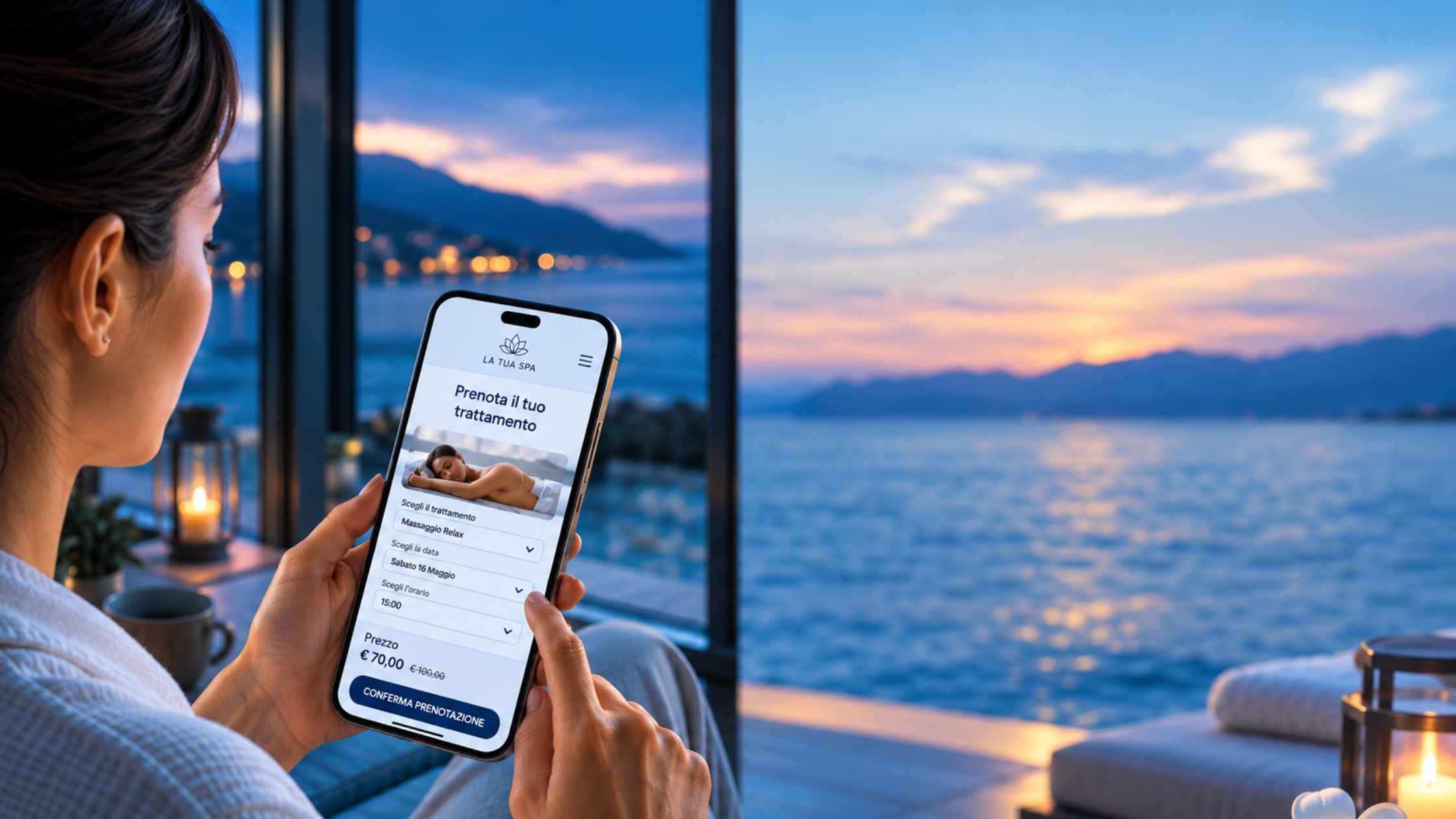 L'esperienza della spa inizia dalla prenotazione online: una donna sceglie il trattamento dal proprio smartphone davanti a un suggestivo panorama lacustre al tramonto.