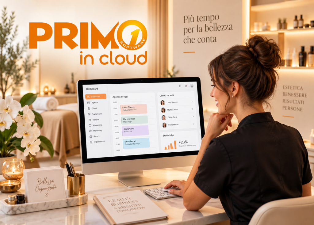 in foto un'estetista che gestisce il proprio centro con la tecnologia Primo Software