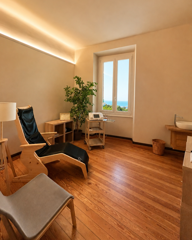 Ambiente dedicato alla longevity con area relax e benessere, caratterizzato da materiali naturali, illuminazione soffusa e vista sul mare all'interno di Quantum Village.