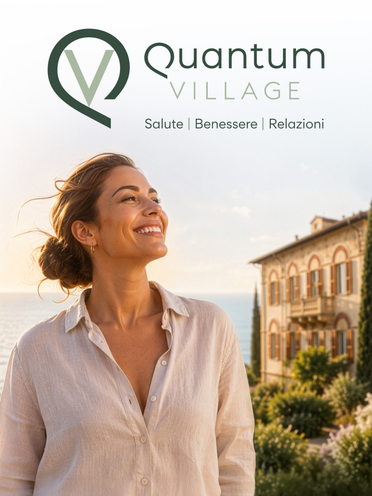 Longevity e benessere a Quantum Village: una donna sorride all'esterno della struttura immersa nel verde, con vista sul mare, simbolo di uno stile di vita orientato alla salute e alla qualità della vita.