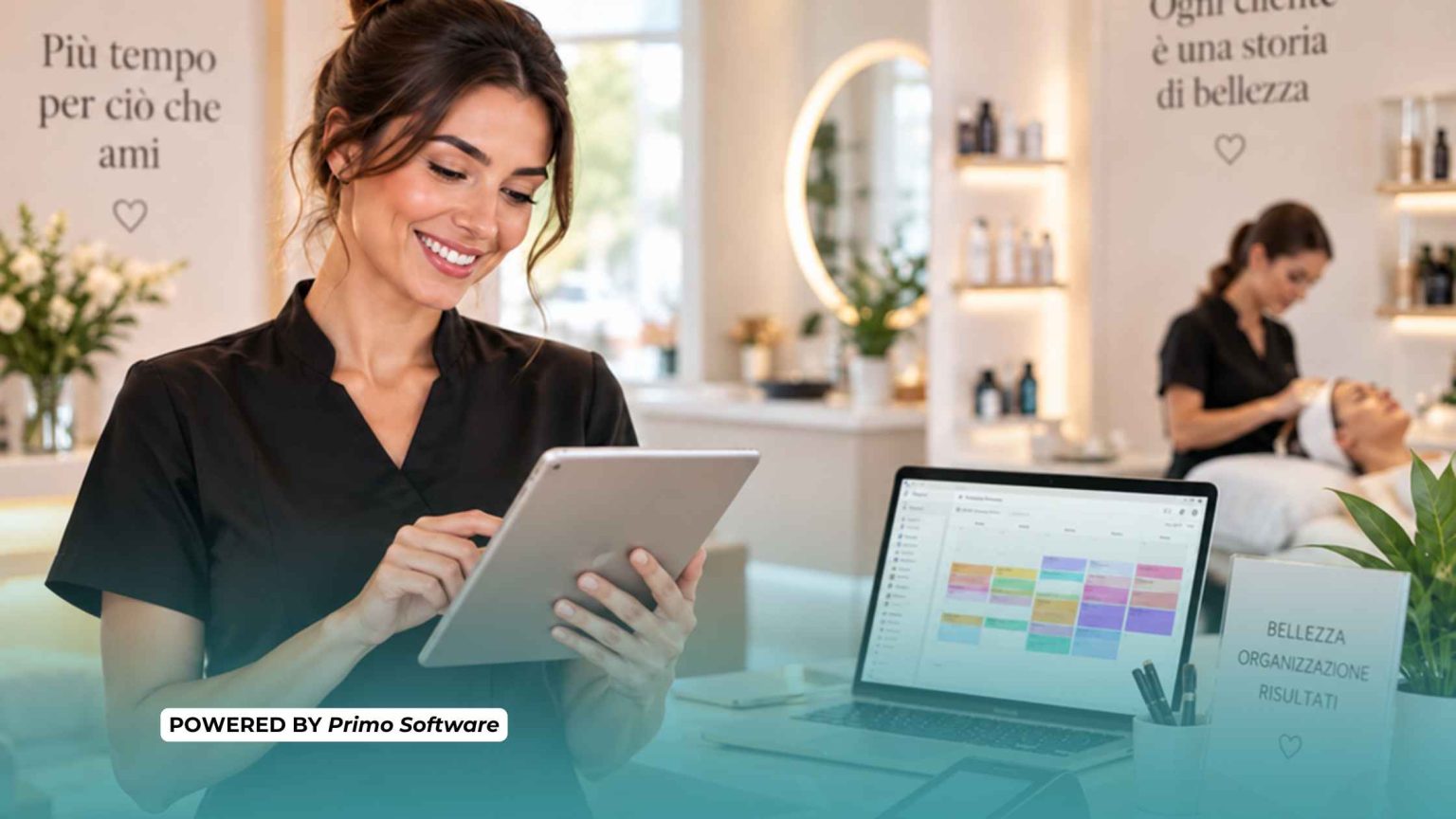 in foto un'estetista che gestisce il proprio centro con la tecnologia Primo Software