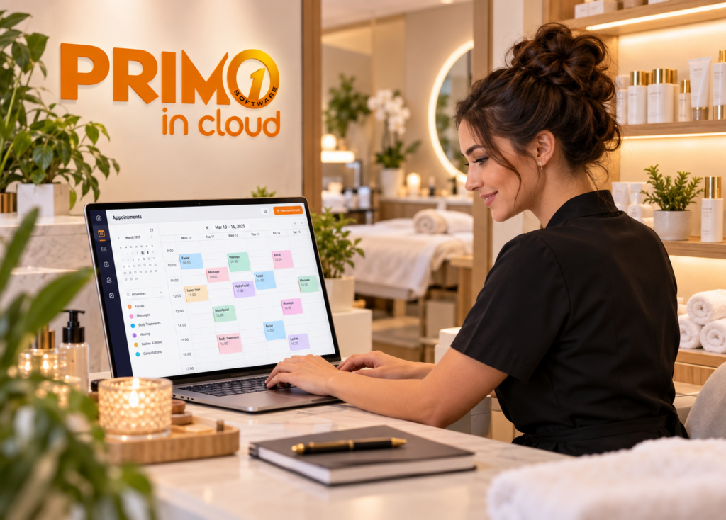 in foto un'estetista che gestisce i vuoti in agenda con il gestionale primo in cloud.